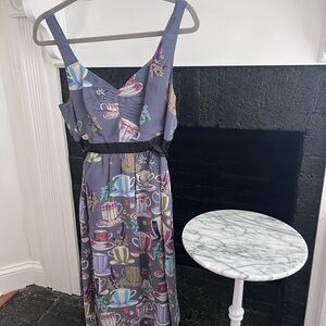 Anthropologie Floreat 100% silk blue gray teacup dress, size 4